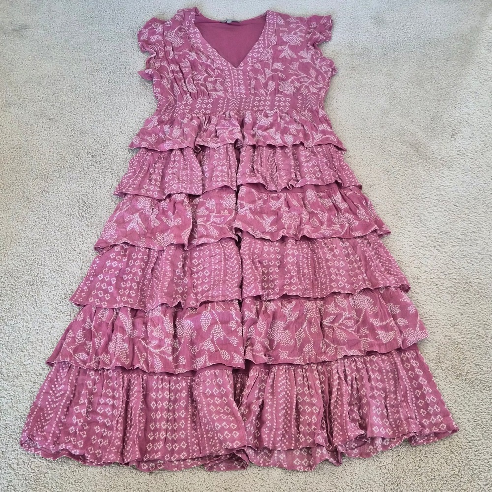 J Gee Tiered Ruffle Maxi Dress Womens 1X Pink Block Print Smocked Gypsy Boho